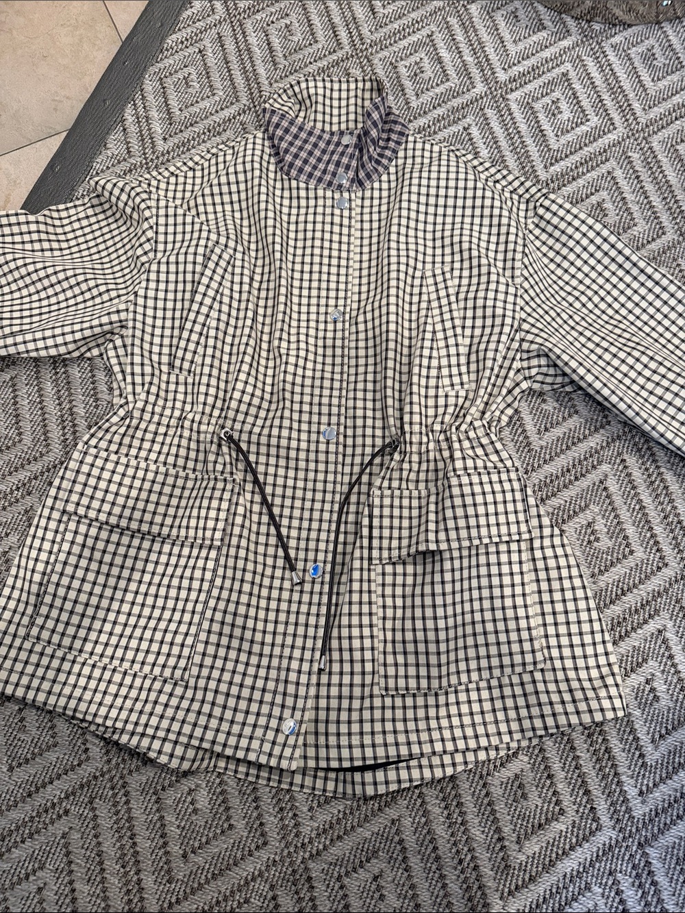 Zara Black and Cream Checked Drawstring Utility Jacket